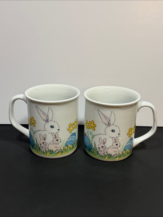 Other - Vintage White Bunny Family Ceramic Mug - Spring Floral Design